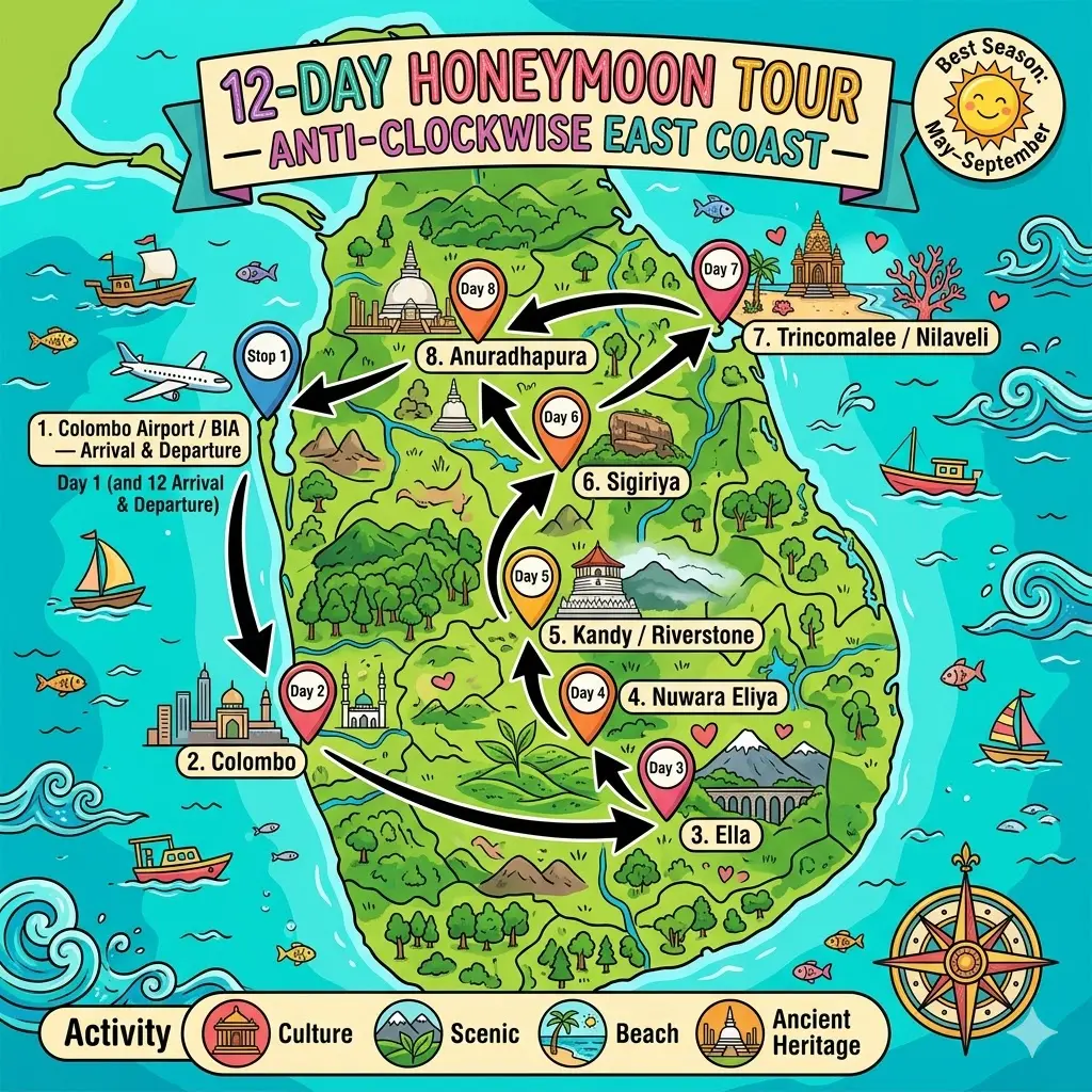 12-day anti-clockwise Sri Lanka honeymoon tour route overview